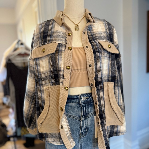 POL Tan and Blue Utility Jacket - Picture 1 of 5